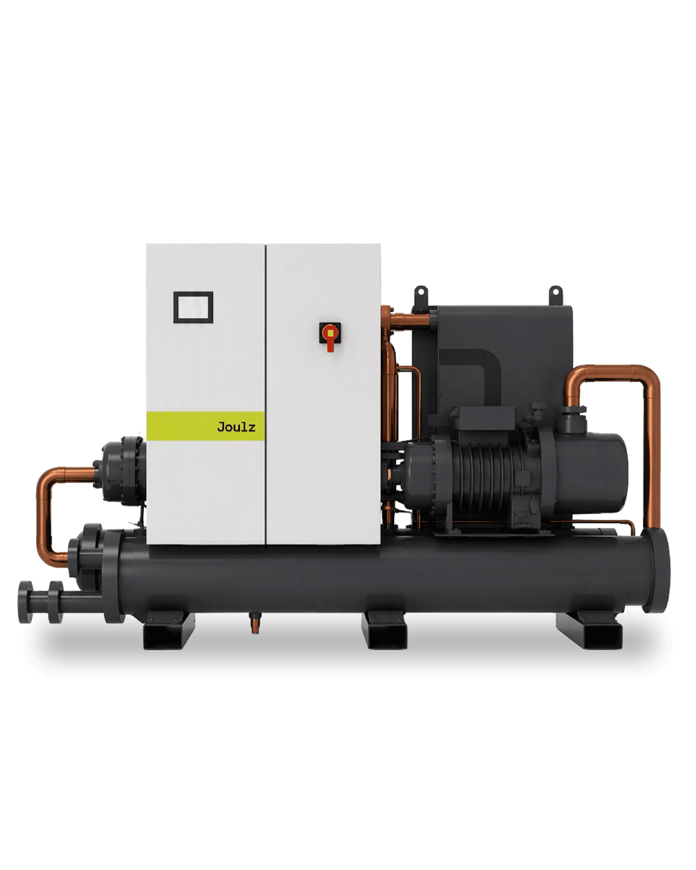 Industrial heat pump with a white casing and copper pipes, labeled "Joulz."