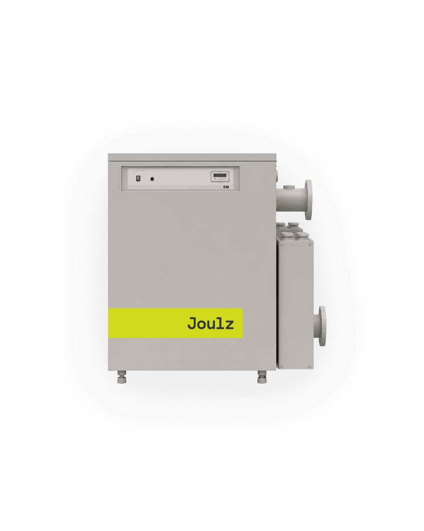 A electric industrial boiler with a yellow label reading Joulz