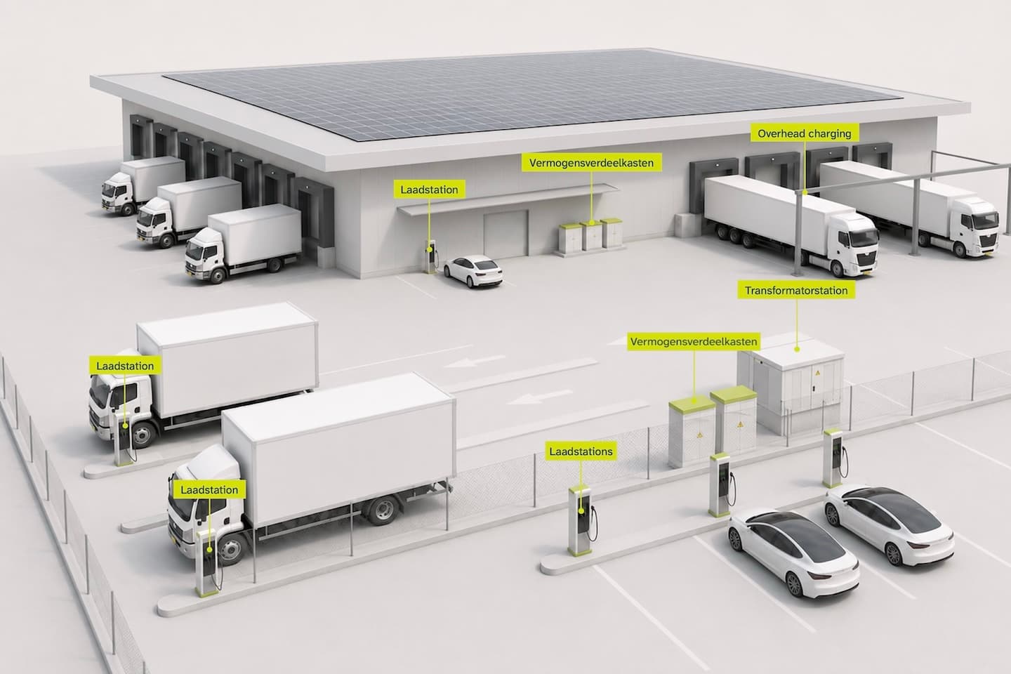 A solar-powered distribution facility with electric charging stations for trucks and cars, marked with labels in Dutch.
