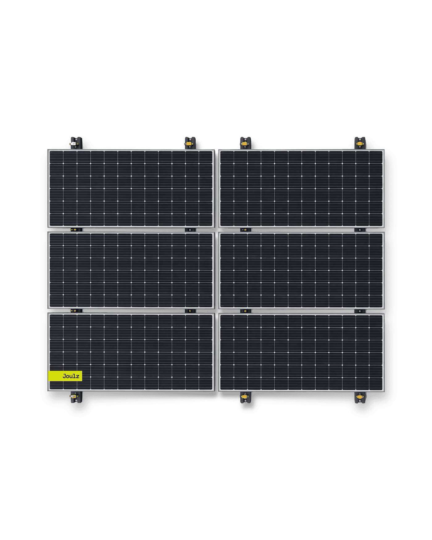 Six rectangular solar panels arranged in two rows of three, with the word "Joulz" on the bottom left panel, against a black background.