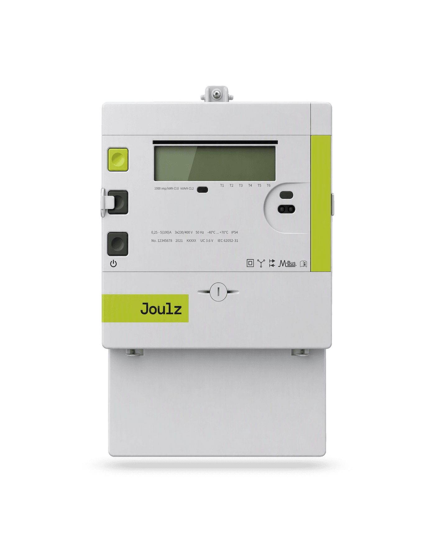 A digital electricity meter labeled "Joulz" with a display screen and multiple buttons on a white background.
