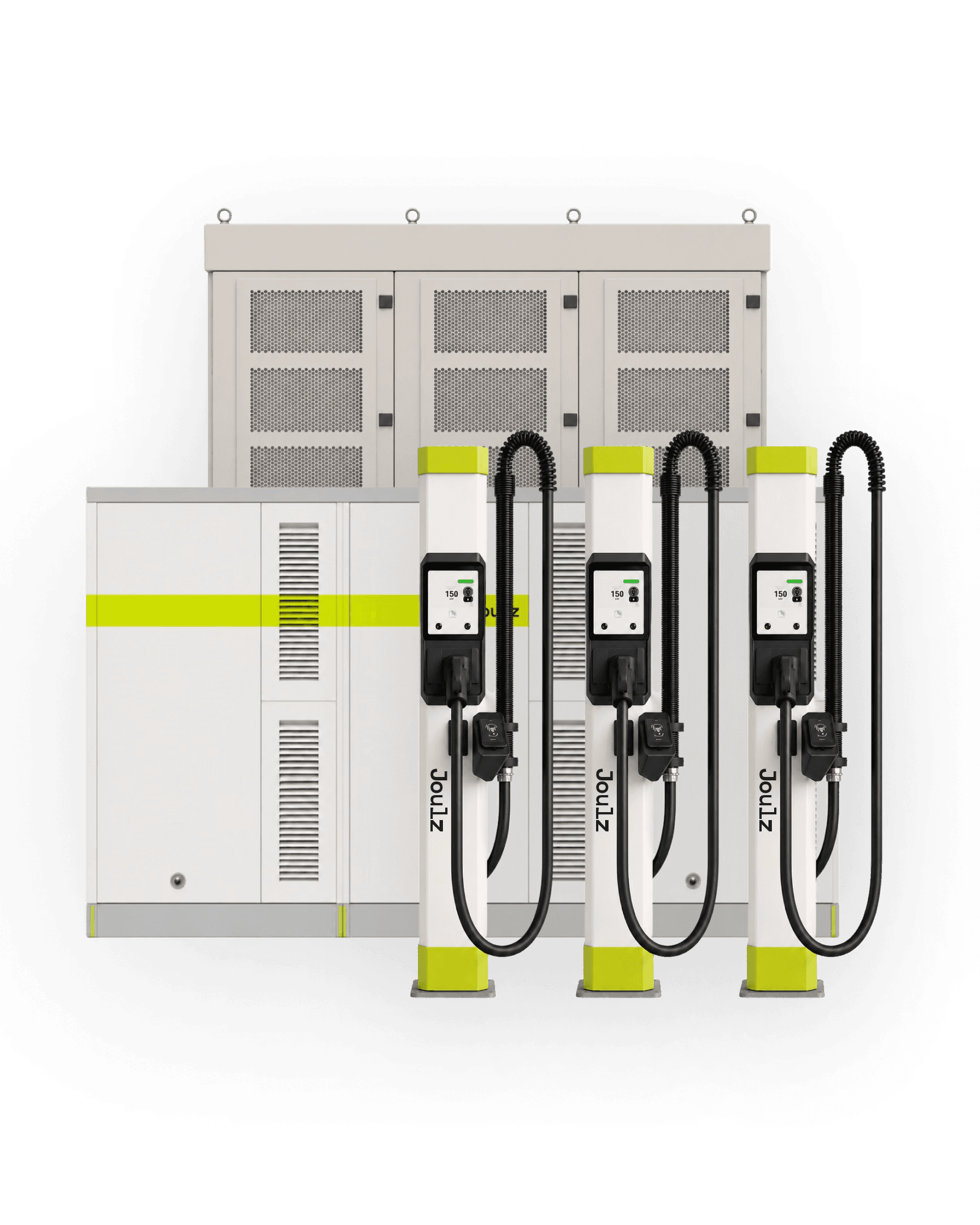 Three electric vehicle charging stations with digital screens, cables, battery and a large electrical cabinet in the background.