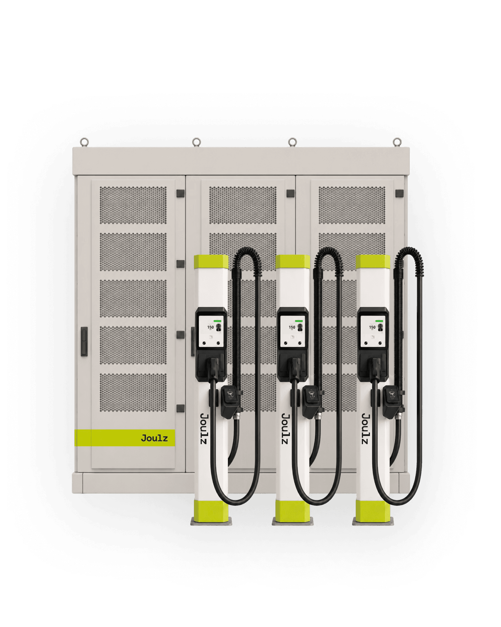Four Joulz electric vehicle charging stations with cables and digital screens, set against a vented and sectioned background panel.
