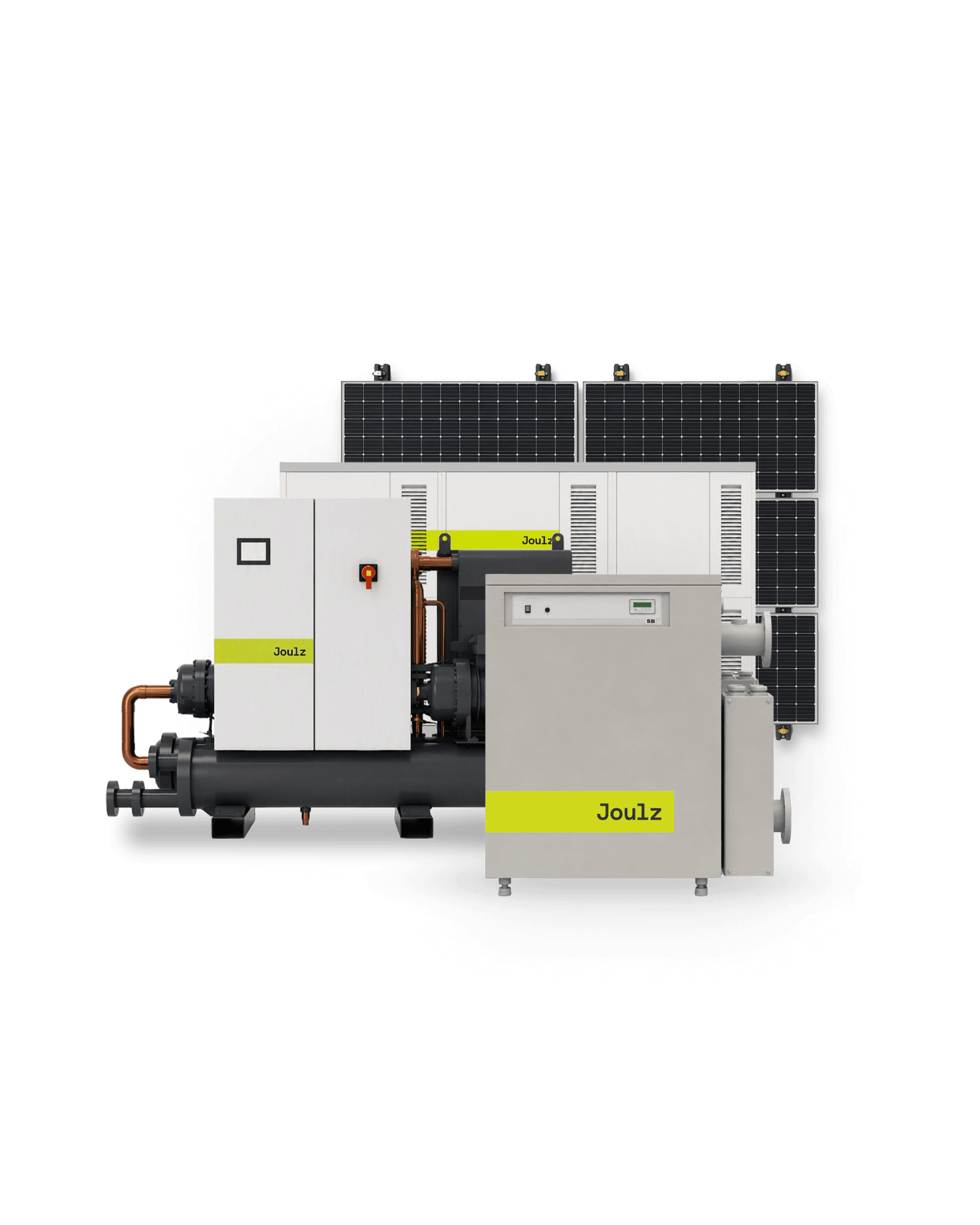 Industrial energy equipment with the brand name "Joulz," featuring a set of solar panels, battery storage, heat pump and e-boiler