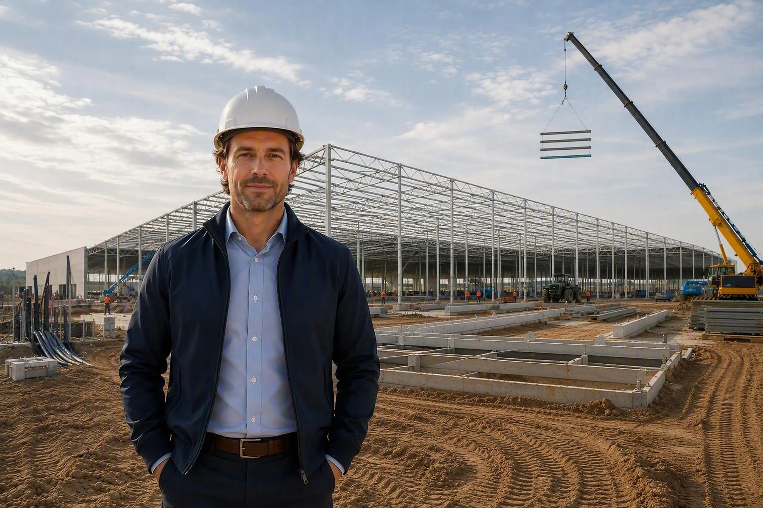 A man in a hard hat stands in front of an industrial construction site with a crane and steel framework under a blue, cloudy sky.