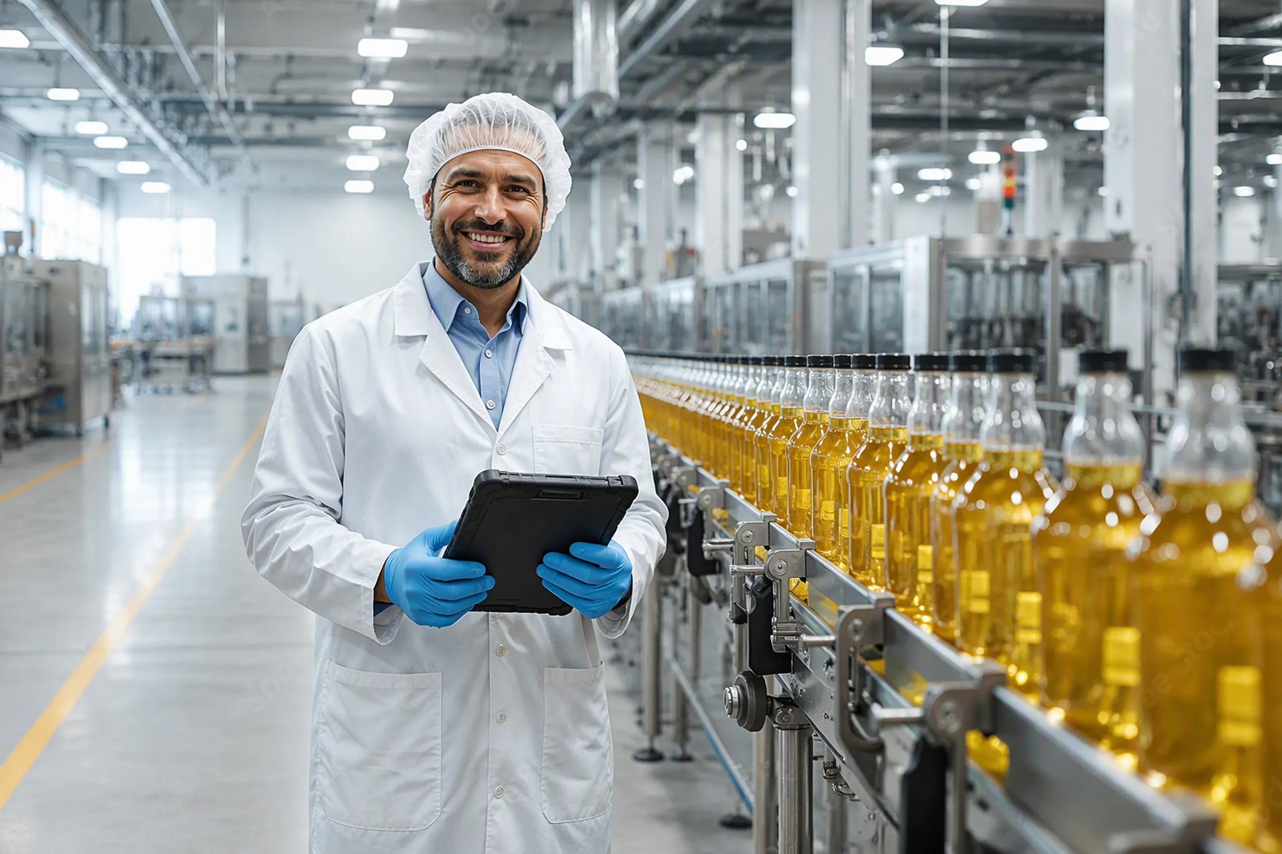 Tevreden operationeel manager naast een lopende band met flessen olie houdt een tablet in z'n handen.